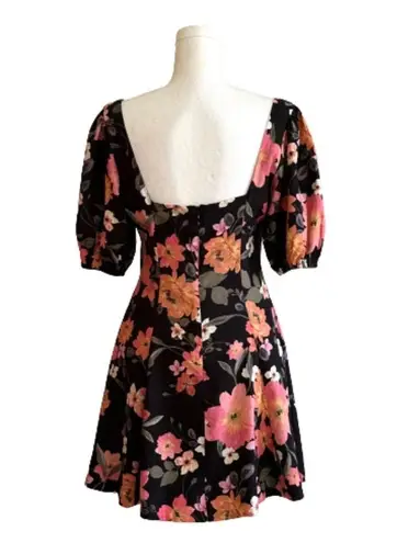 Olivaceous Oliveceous Mini Dress Black Orange Pink Floral Linen Blend Puff Sleeve Medium