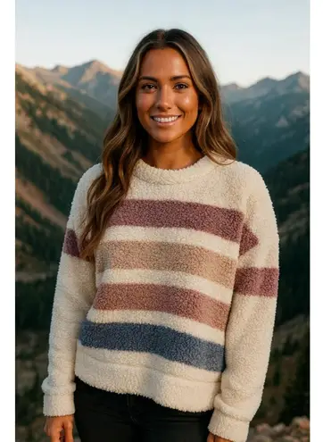 TS Sherpa Teddy Boucle Pullover Sweater Buttery Soft Striped Fleece Winter Cozy Pink