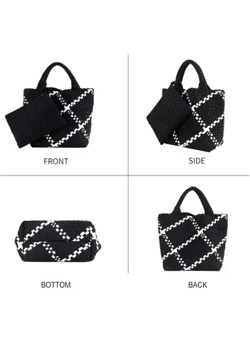 Ahdorned Black White Lily Woven Neoprene Large Tote With Pouch Purse Shoulder Bag