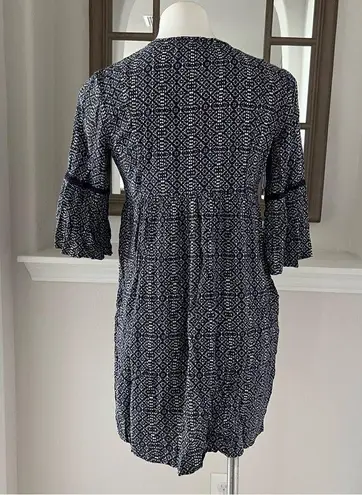 Artesia Boho Dress Casual Mini with Neck Ties Tassels Navy Cream Size S