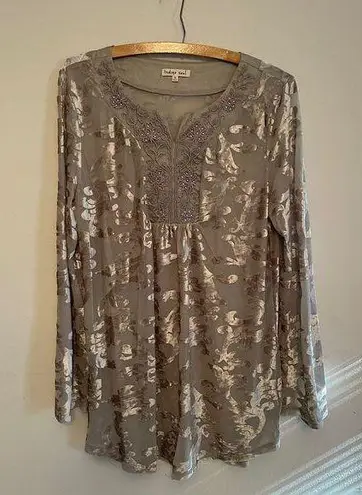Indigo Soul Velvet Burnout Tunic Top Taupe Embellished Boho Holiday Festival