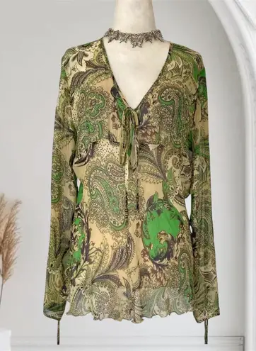 Karen Kane Early 2000's Fairy Grunge Whimsical Silk Green Brown Paisley Flowy Blouse Top L
