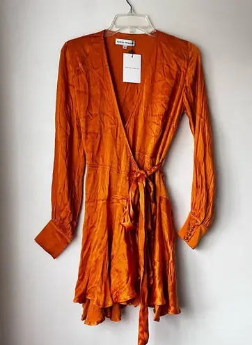 Karina Grimaldi Penelope Safran Copper Orange Satin Solid Mini Wrap Dress XS NWT