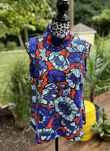 Bobeau Mock Neck Sleeveless Tank Top Sz: L Floral Zip Back Blue Waffle Knit