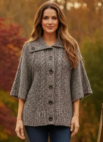 Chunky Marled Knit Button Front Cardigan Sweater Coat Gray Brown Women's L