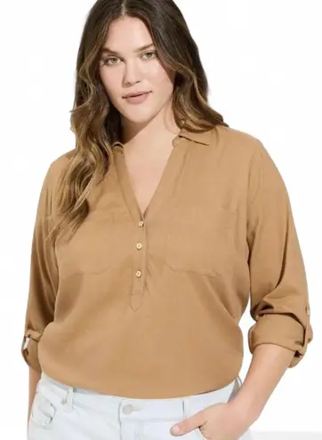 Torrid  Top Sz 4XL Linen Blend Henley Tan Button-Up Adjustable Sleeves Pleated
