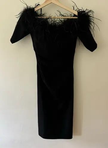 XScape  Feather Black Trim Off The Shoulder Scuba Sheath Midi Dress Size 6