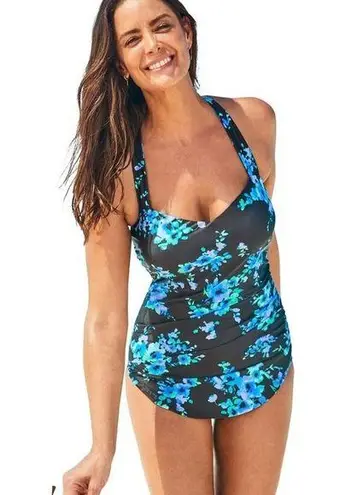 Swimsuits for All Sarong Front One Piece Swimsuit Blue Floral 12 New