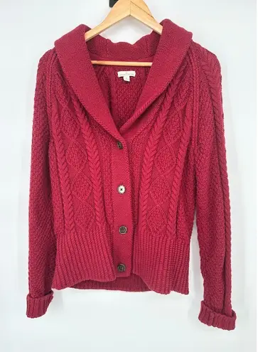 LL Bean Signature Chunky Knit Fisherman Shawl Collar Cardigan Sweater Medium Red