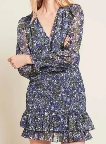 Veronica Beard NWOT Saera Blue Multi Floral Smocked Crepe Mini Dress Size 0