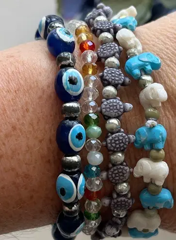 Beaded Stretch Bracelet Set Evil Eye Turtle Elephant Colorful Boho Bracelet Blue