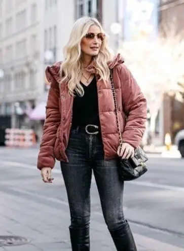 Rachel Parcell NWOT Velvet Puffer Hoodie Brick Jacket Large