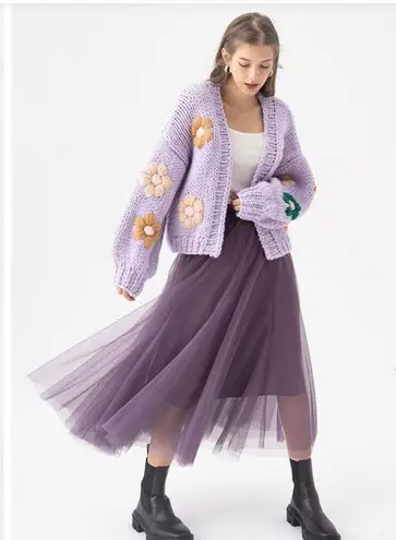 Chicwish Embroidered Floral Chunky Knit Cardigan Sweater Lilac Women's