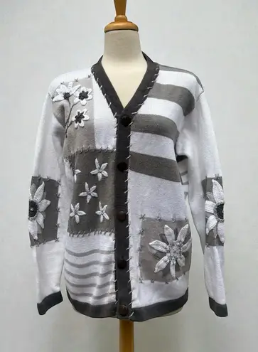 VTG Storybook Knits Cardigan Sweater Med White Ramie Floral Button Grandmacore
