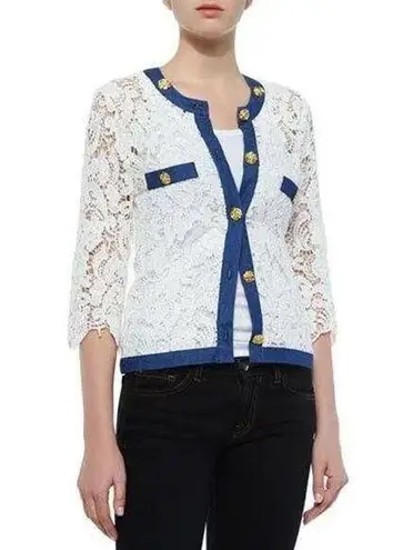 Michael Simon White Cotton Crochet Lace Denim Trim Tailored Jacket Top PS P S