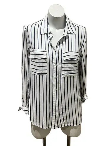 Paper + Tee Paper Tee Women's Striped Button-Up Shirt Black Long Sleeve Standard Size M