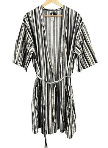 Andy Warhol Striped Cotton Kimono Robe Belted Black White Yellow Pockets Small Gray