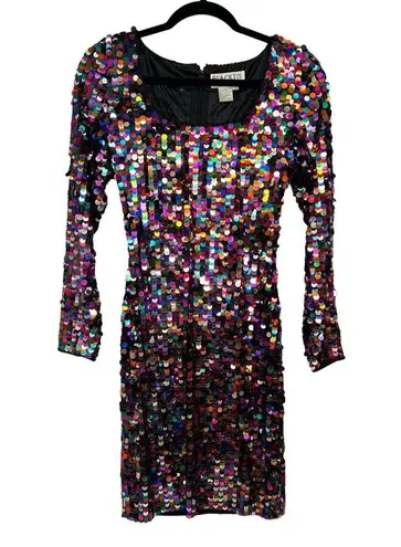 Oleg Cassini Black Tie Vintage Sequin Dress Size 4 Rainbow Long Sleeve Party