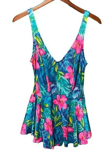 Vintage E.Stewart Blue and Pink Floral Swimsuit Dress Size 14