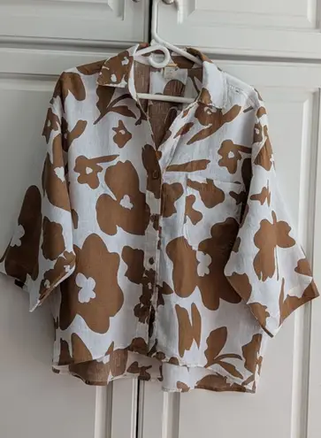 Magaschoni Women's Brown White Floral Linen Button Down Shirt L