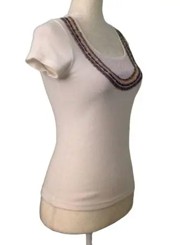 Lozi Sports Jeans Beaded Sequin T Shirt XS White Short Sleeve Stretch Knit Japan