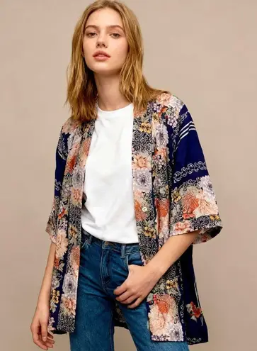 Johnny Was NWOT Blue Floral Pockets KIMONO Coat Sz S