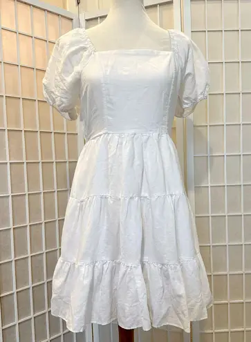 Chelsea & Violet White Puff Sleeve Tiered Linen Dress, size M