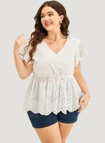 Bloomchic Solid Ruffles Scalloped Trim Laser Cut Blouse White 18-20