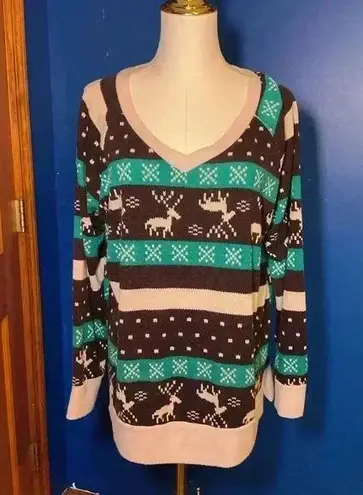 Women's Teal and Black Fleece Top with Reindeer Pattern Blue Size L