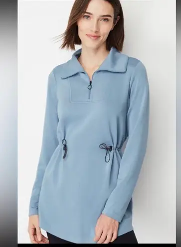 New J Jill Fit Sleek Double Knit Drawstring Cinched Waist Tunic Blue Size Small