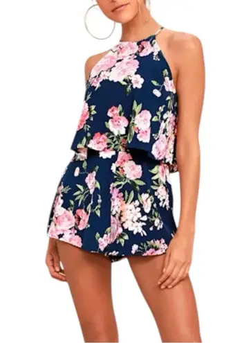 Lulu’s In the Garden Navy Blue Floral Print Romper size Large Apron Neckline