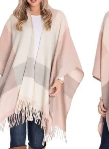 Woolrich Cozy Blanket Scarf Wrap Open Front Cream Pink Plaid Women One Size