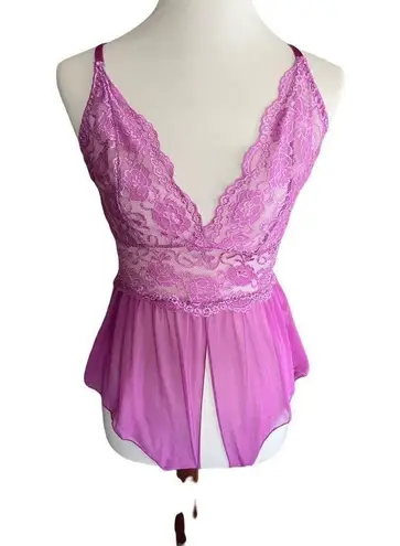 Gorgeous! Lilac Satin Lace Rose Negligee Open Crotch S Purple