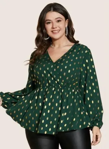 1XL Polka Dot Lantern Sleeve Wrap Ruffle Blouse Green Size XL