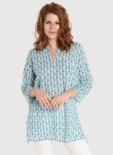 Roberta Roller Rabbit Roller Rabbit Womens Top Blue Sardina Kurta Tunic V Neck 3/4 Sleeve Blouse XS