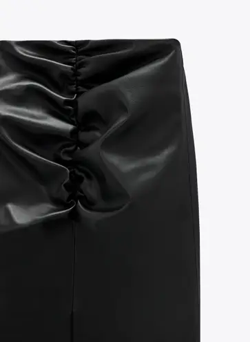 ZARA NWT  Black Faux Leather W/ Ruching Midi Skirt