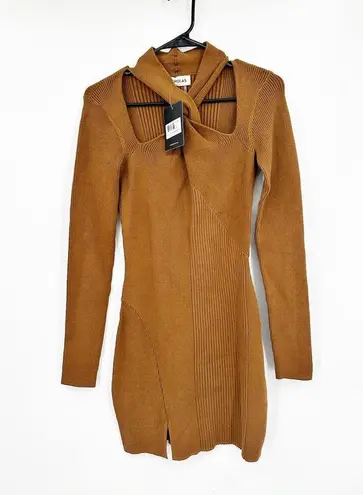 NICHOLAS Braulia Twist Front Cutout Ribbed Knit Mini Dress S NEW Brown