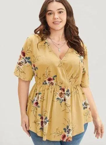 Bloomchic  Floral Print Wrap Ruffles Asymmetrical Hem Blouse Yellow Size 12 NWT