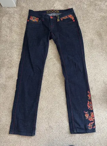 COOGI Jeans Womens 7/8 Blue Denim jeans Embroidered Fire Floral Low Rise