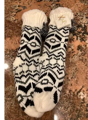 Women Nordic Pattern Knit Faux Shearling Lined Slipper Socks with Poms & Gripper White Size undefined