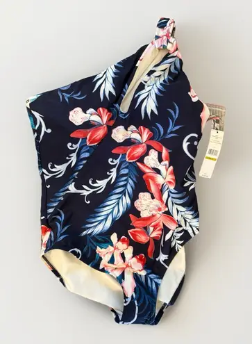 Carmen Marc Valvo One-Shoulder Cutout One-Piece Tropical Print Swimsuit Size 14