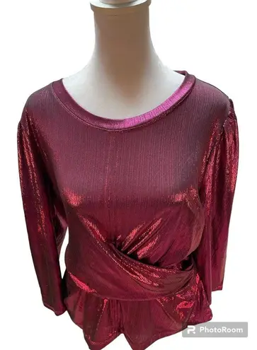 New York And Company Hot Pink Shimmery 3/4 Sleeve Wrap Blouse Size Medium