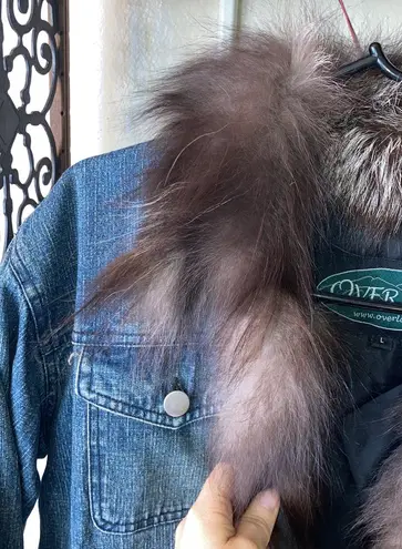 Overland Fox Fur Trim Denim Jean Jacket Women Size Large Blue