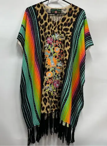 Crazy Train reg Multicolor Leopard animal Print Tunic poncho fringe hem floral
