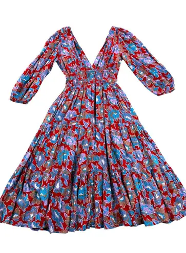 NWT Caroline Constas Dress XS Frenchie Print Floral Long Sleeve Maxi Boho Tiered Red