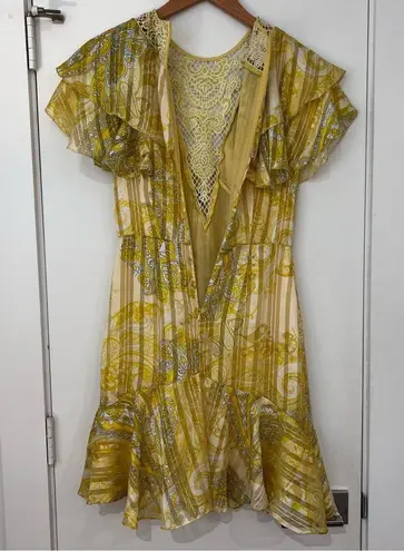 Karen Millen NEW Cutwork Applique Paisley Butter Yellow Ruffle Dress