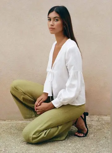 arkitaip Clara Flared Linen Trousers Willow Green High Rise 100% Belgian Linen Size L