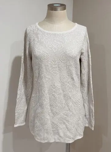 Charter Club Womens Cream and Metallic Silver Brocade Long Sleeve Sweater Size M
