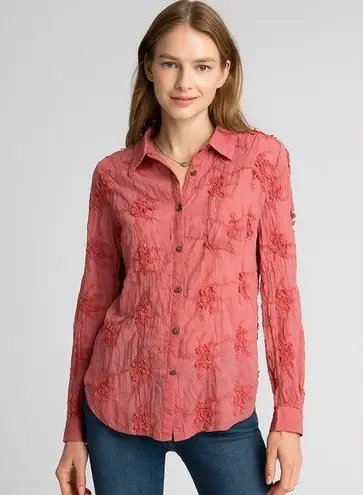 Aratta Silent Journey Blouse Long Sleeve Embroidered Anthropologie XS New Coral Red