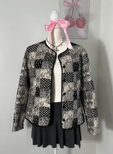 Vtg Y2K Patchwork Black White Quilted Button Jacket Silk Womens Size Medium